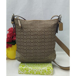 Coach Signature Brown Canvas Suede Zipper Closure Crossbody Shoulder Bag